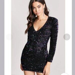 Forever 21 Sequin Bodycon Mini Dress Long Sleeve Size M black